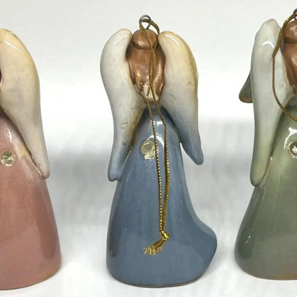 Angel Bell Glazed Ceramic Christmas Ornaments‎ Hand Painted Set of 3